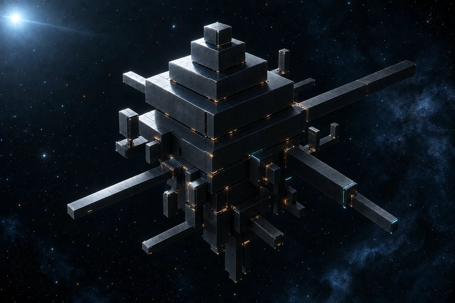 Exterior de Serlai: un cuerpo vertical escalonado de masas prismáticas oscuras, con apéndices rectos y perpendiculares y finas juntas de luz ámbar, sobre un fondo de estrellas.